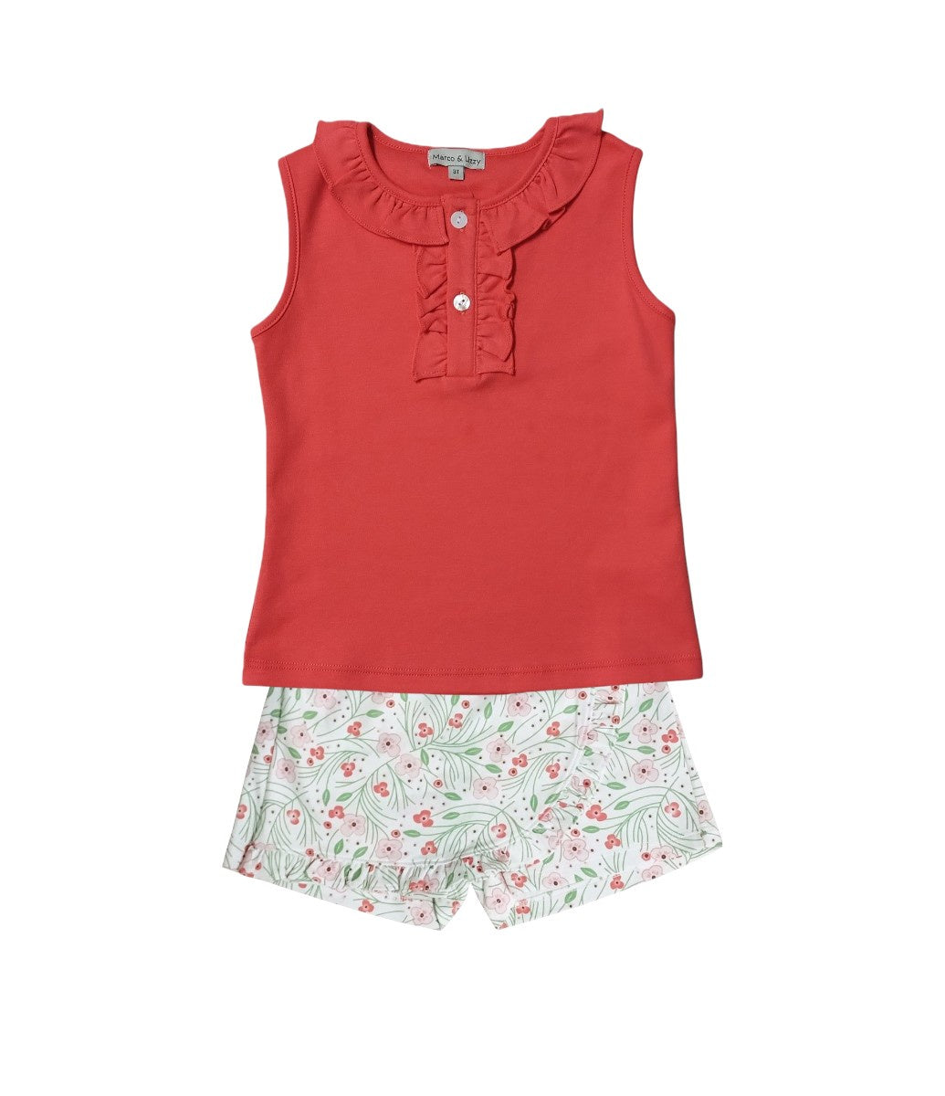 Marco & Lizzy Coral Red Shirt & Cherry Blossoms Skort M-24-280/281 5202