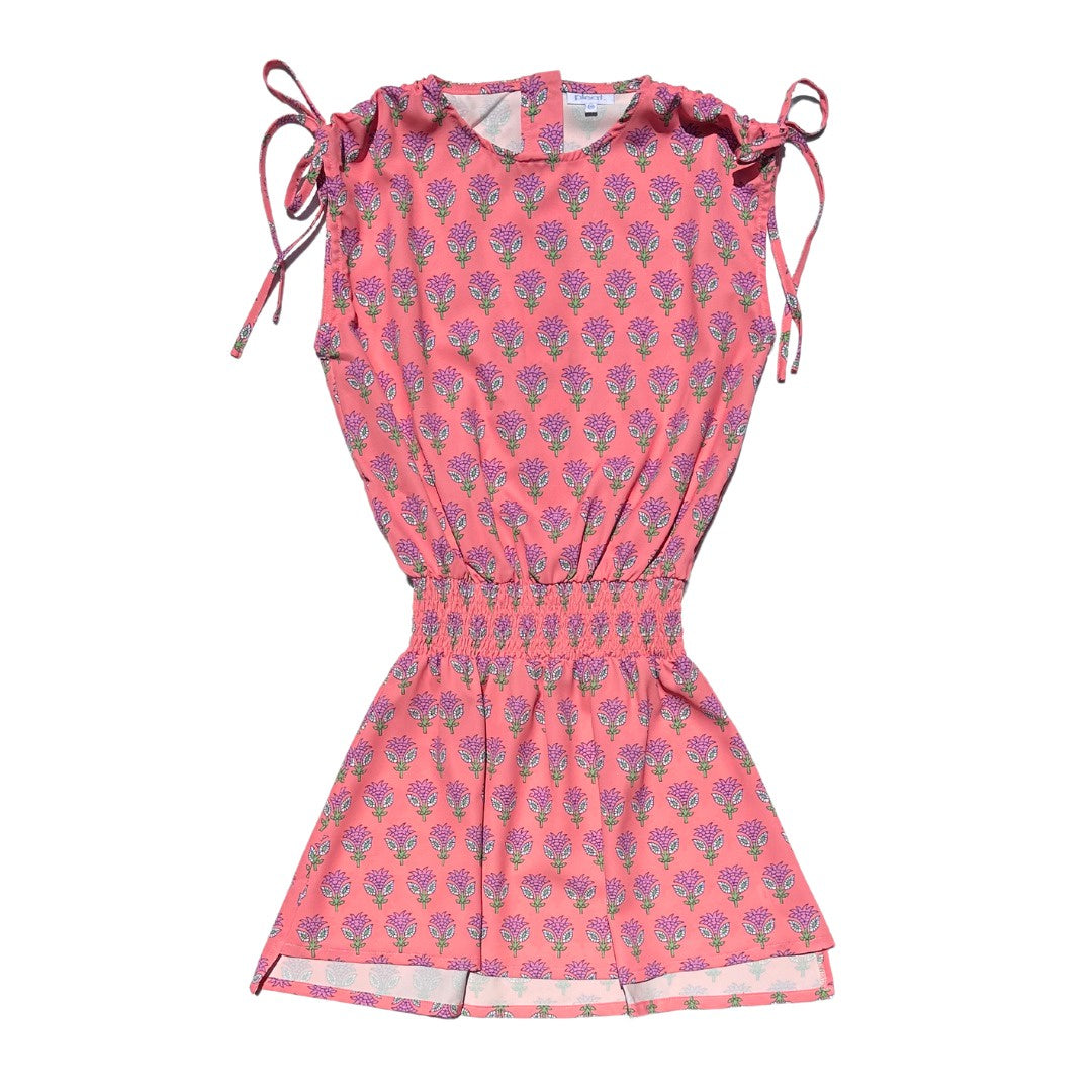 Pleat Helen Dress Coral Block Print 5201