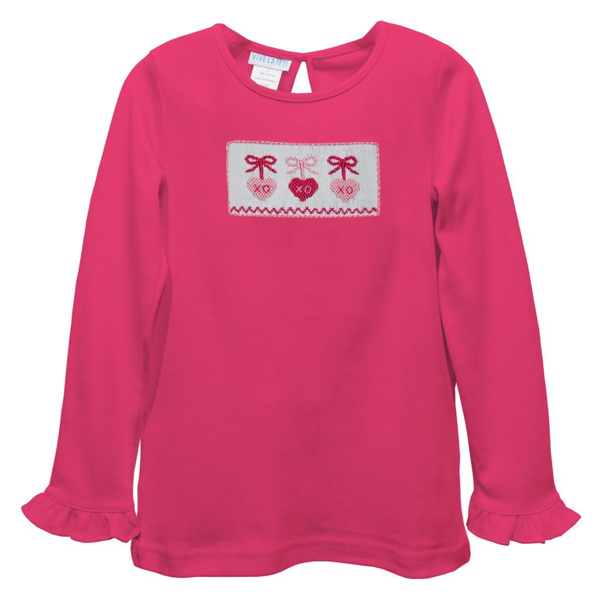 Vive La Fete Valentine Sweets Smocked Hot Pink Knit Ruffle Long Sleeve Girls Tee 5201