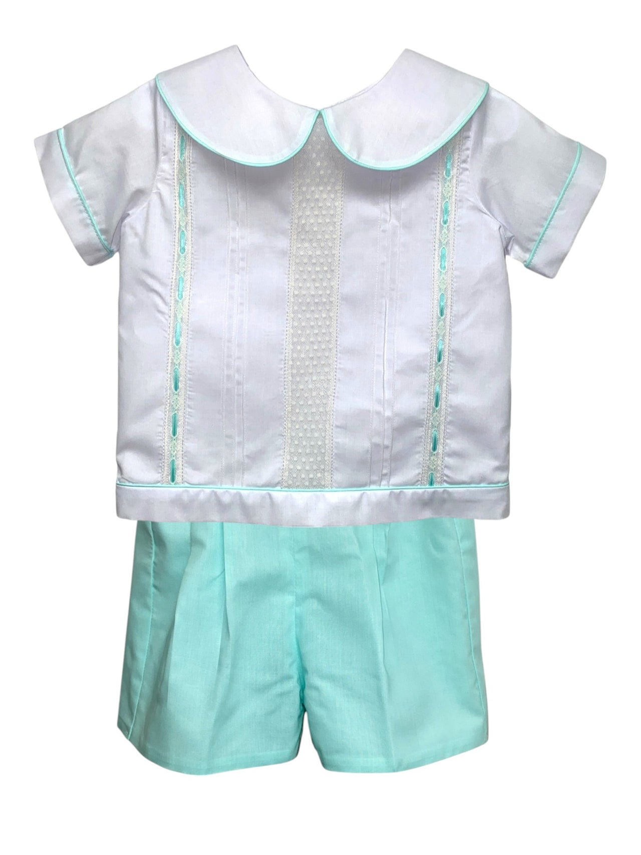 Treasured Memories Boys White Shirt W/Seafoam Piping & Seafoam Shorts  Ecru Insertion & Seafoam Ribbon S10177 5202