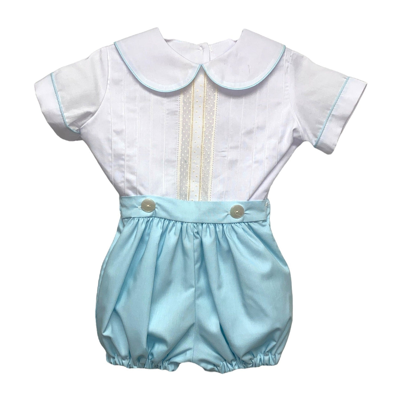 Treasured Memories  Boys White Shirt W/Aqua Piping & Aqua Shorts Ecru Insertion F1993 5202