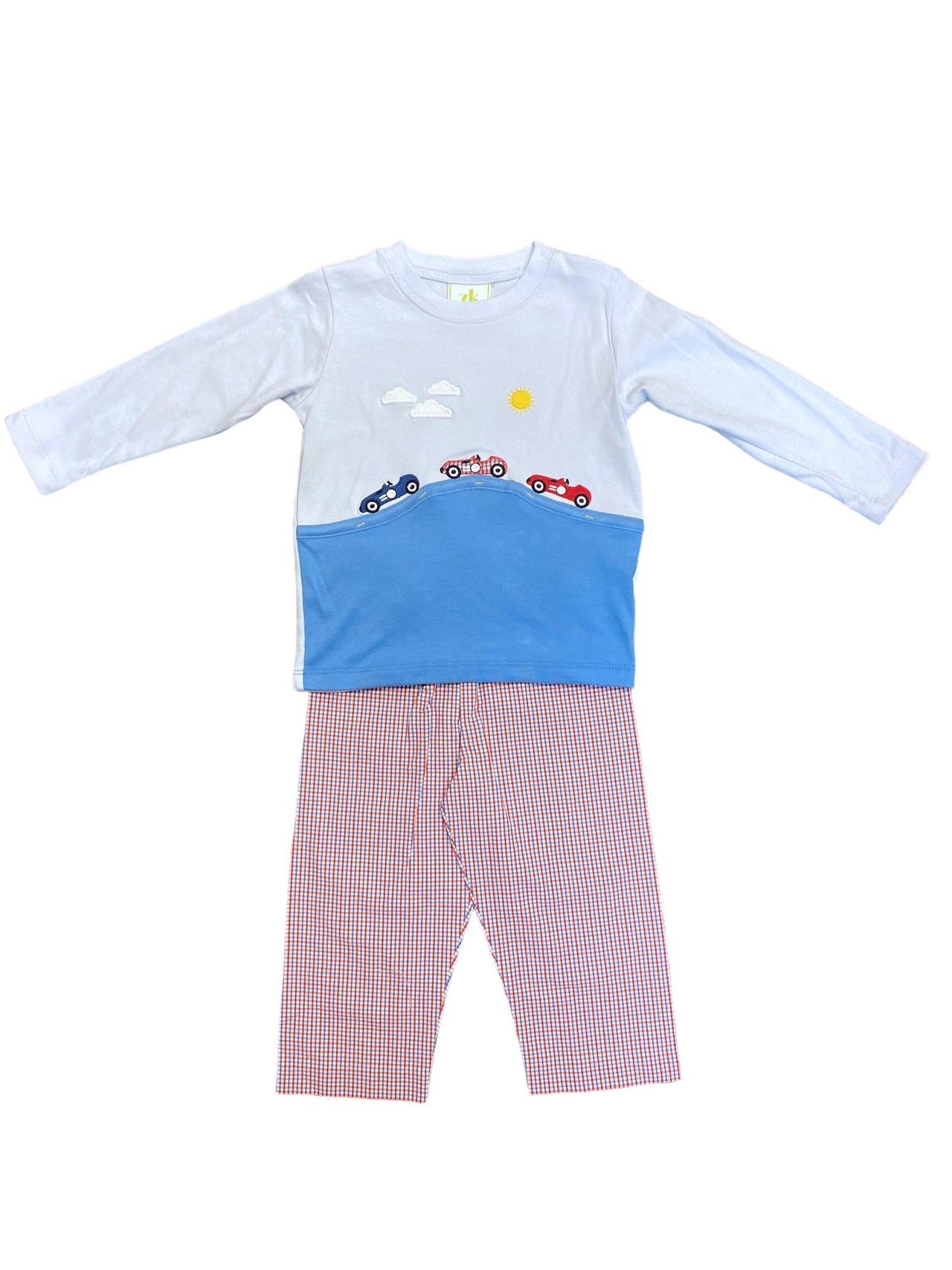 Zuccini Race Car Harry's Play Tee Light Blue Knit & Race Car Leo Pant Patriotic Stripe Seersucker 5108