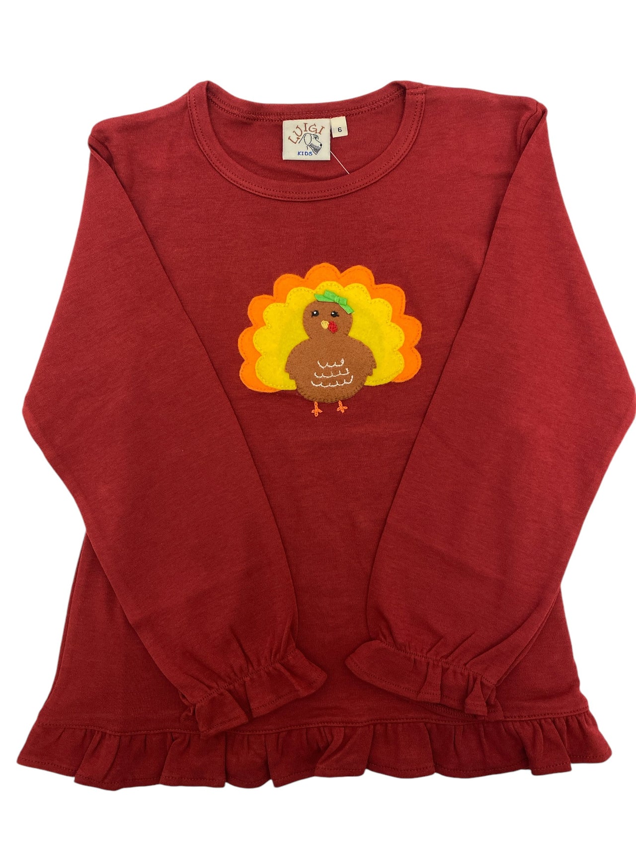 Luigi Girls L/S Ruffle Swing Top Burgundy W/girl Turkey Appl ITS132-12894 5108