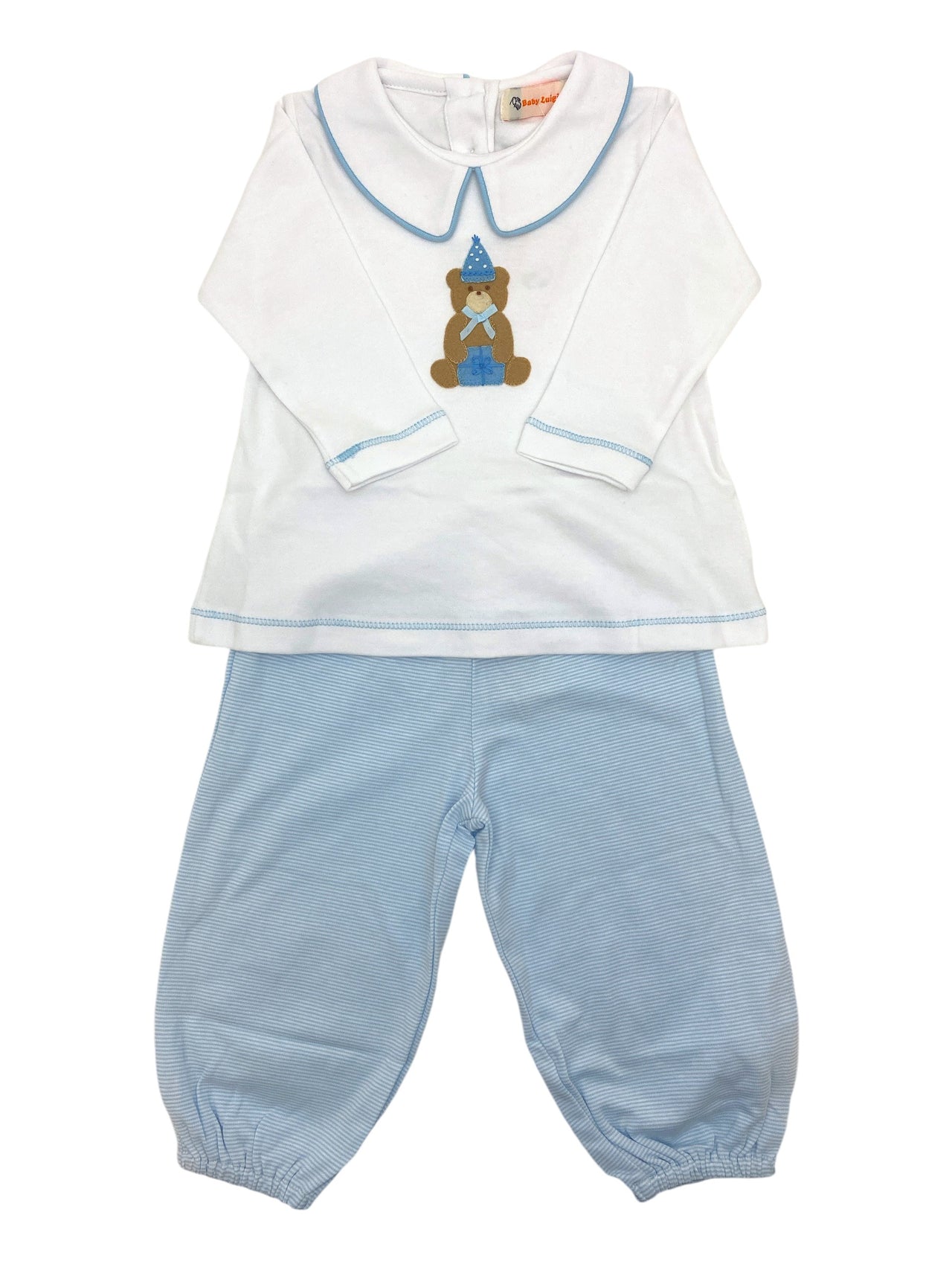 Luigi Boy L/S Top Birthday Bear White/Powder Blue W/Baby Blue/White Stripe Bloomer Pants 5108