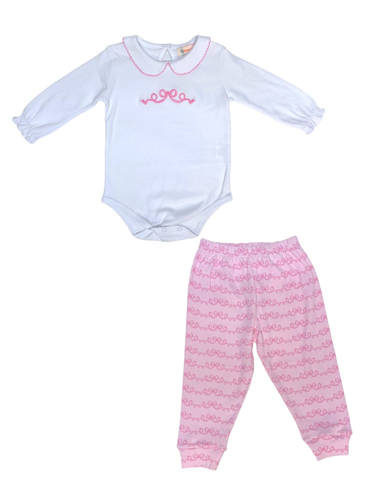 Luigi L/S Ruffle Cuff Onesie W/Long Horizontal Pink Bow  & Print Baby Pants W/Bow Print 5109