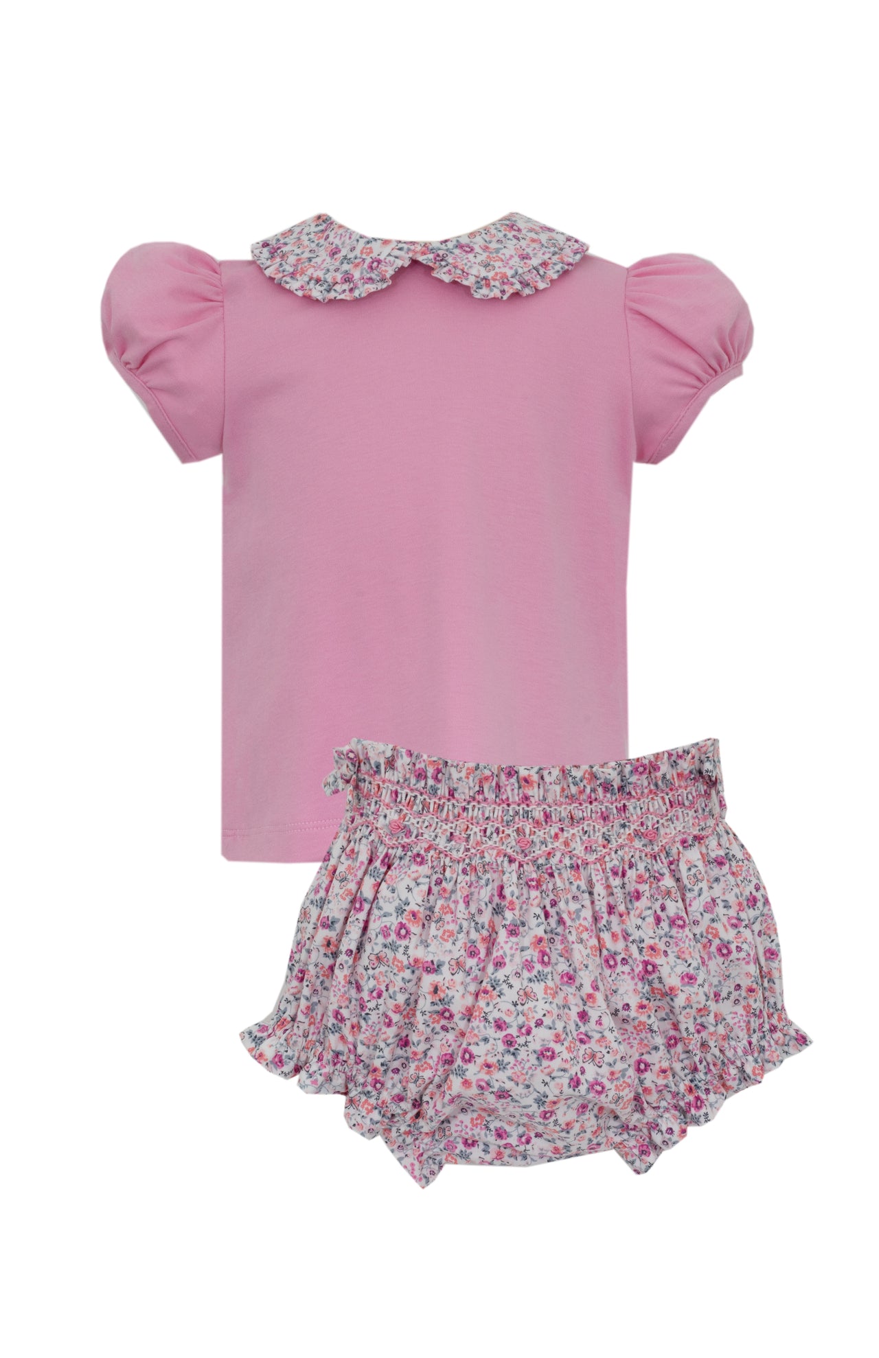 Petit Bebe Pink Floral Print Bloomer Set W/Solid Pink Knit Blouse S/S Smocked Bloomer 104C2-MF24 5106