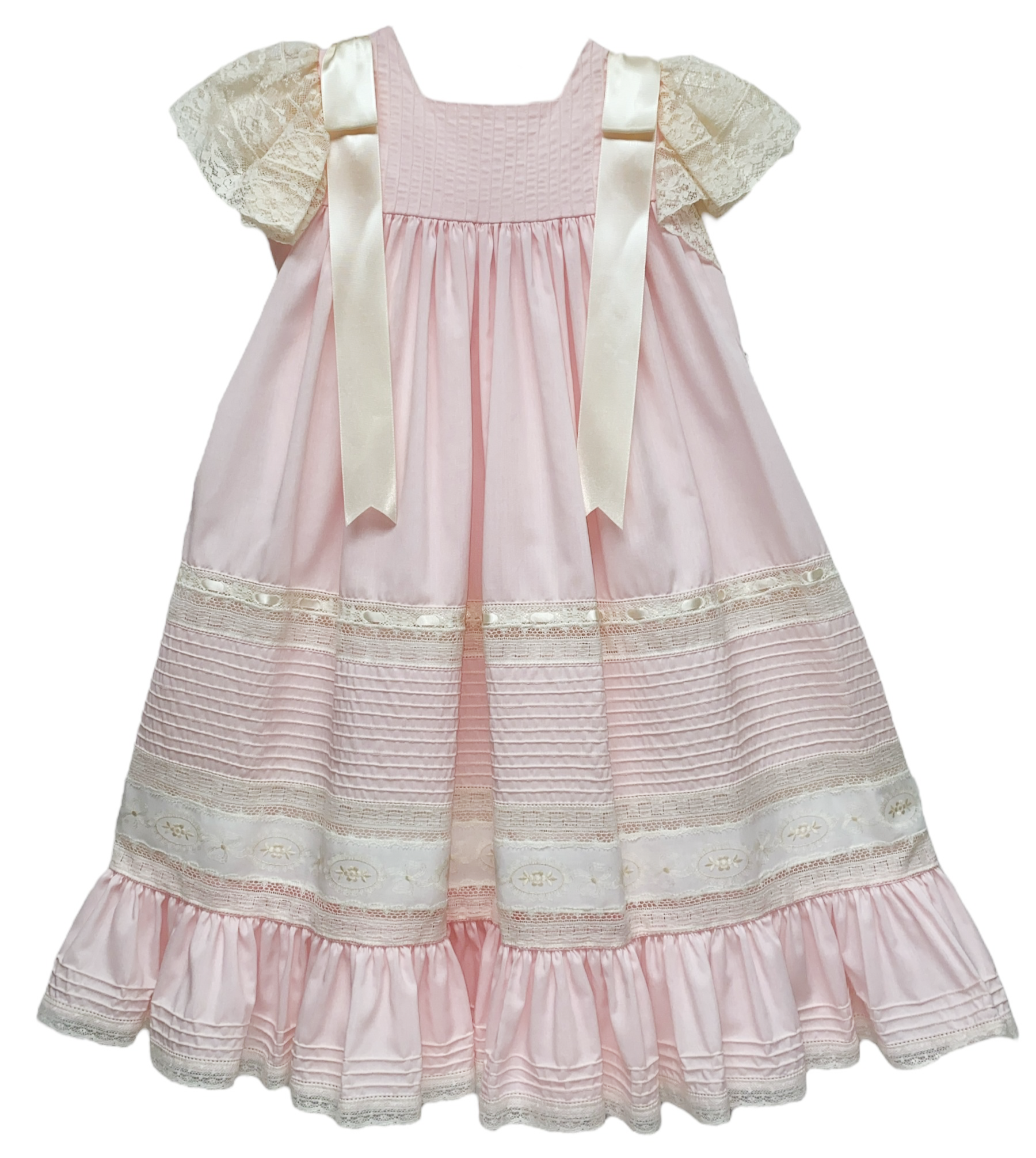 Treasured Memories Pink Dress w/ Ecru Lace & Large Ecru Satin Ribbon 1630 PINK/ECRU