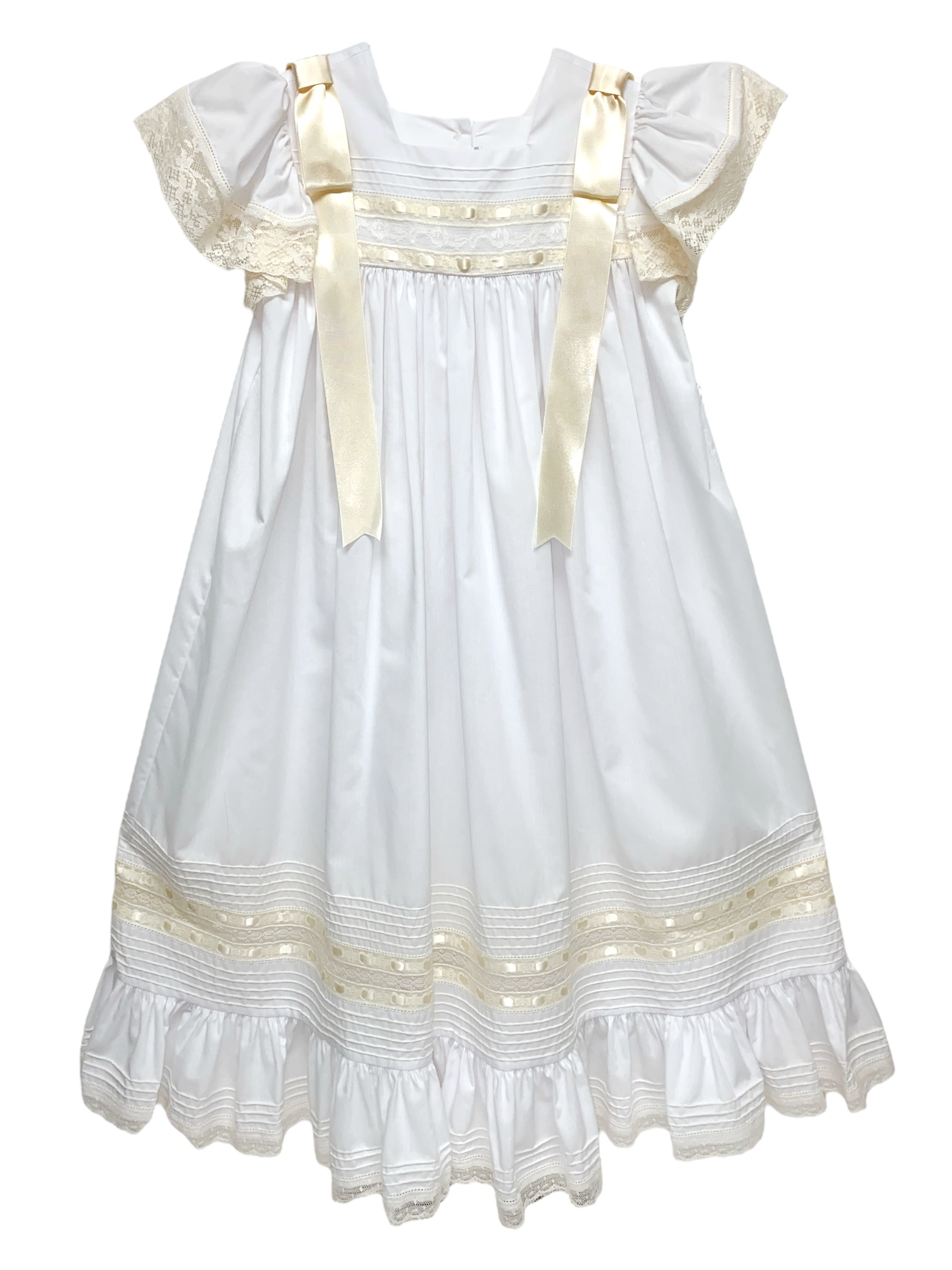Treasured Memories White Dress w/ Angel Wing Sleeves, Ecru Lace & Thick Satin Ribbon 1632S WH/EC/EC