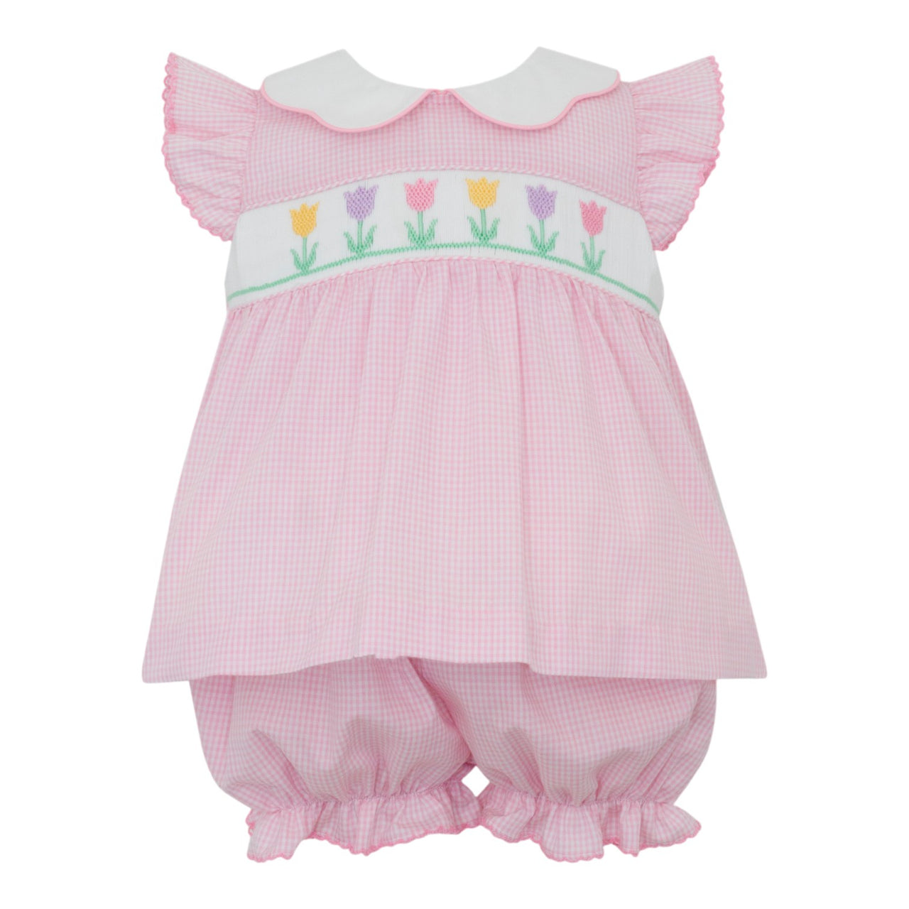 Petit Bebe Spring Tulips Pink Gingham Sleeveless Bloomer Set W/Collar 115C-MS26 5302