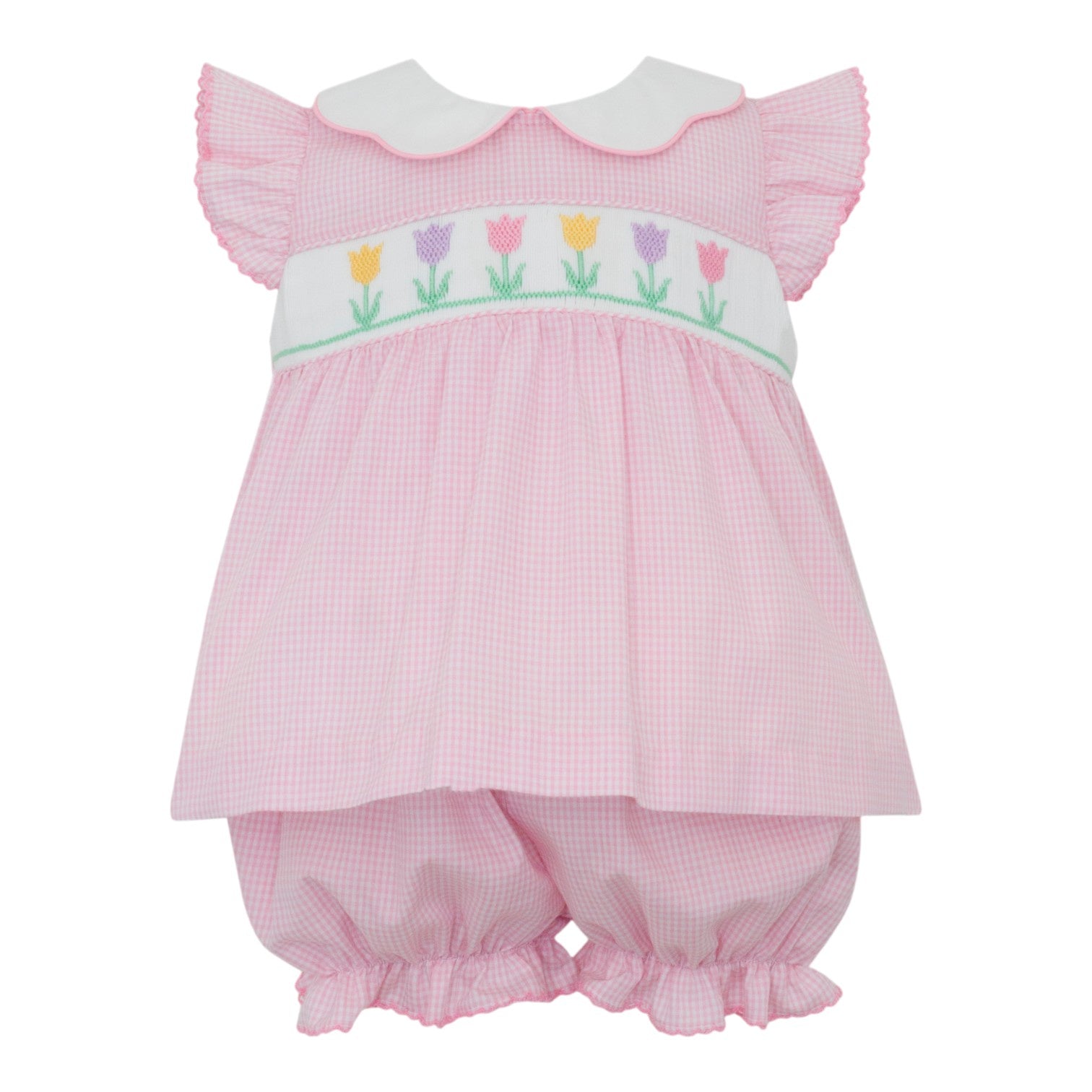 Petit Bebe Spring Tulips Pink Gingham Sleeveless Bloomer Set W/Collar 115C-MS26 5302
