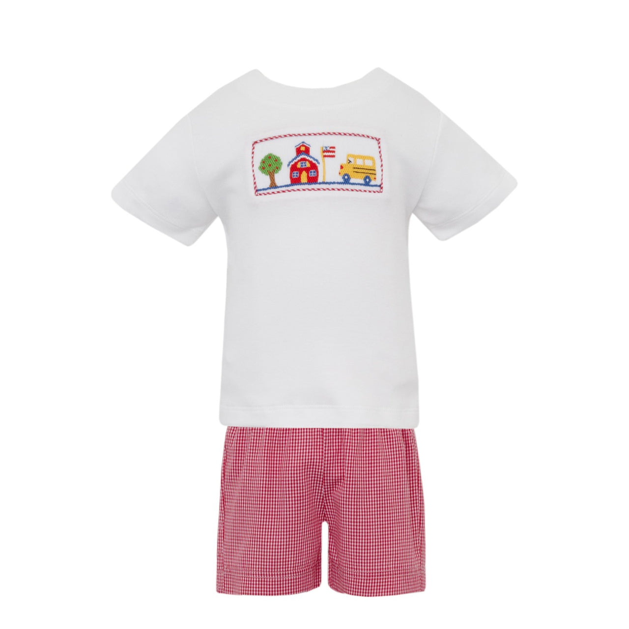 Petit Bebe Back to School Boy's Red Gingham Boy's Short set W/White Knit T-Shirt 116M-MF25 5206