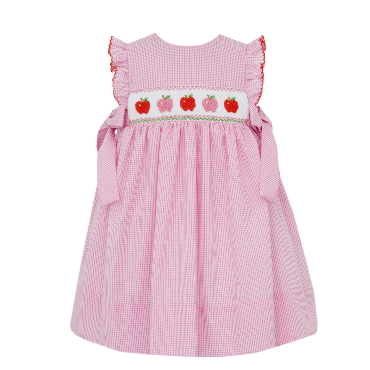 Petit Bebe Pink & Red Apples Pink Gingham Sleeveless Dress W/Side Bows 117D-MF25 5206
