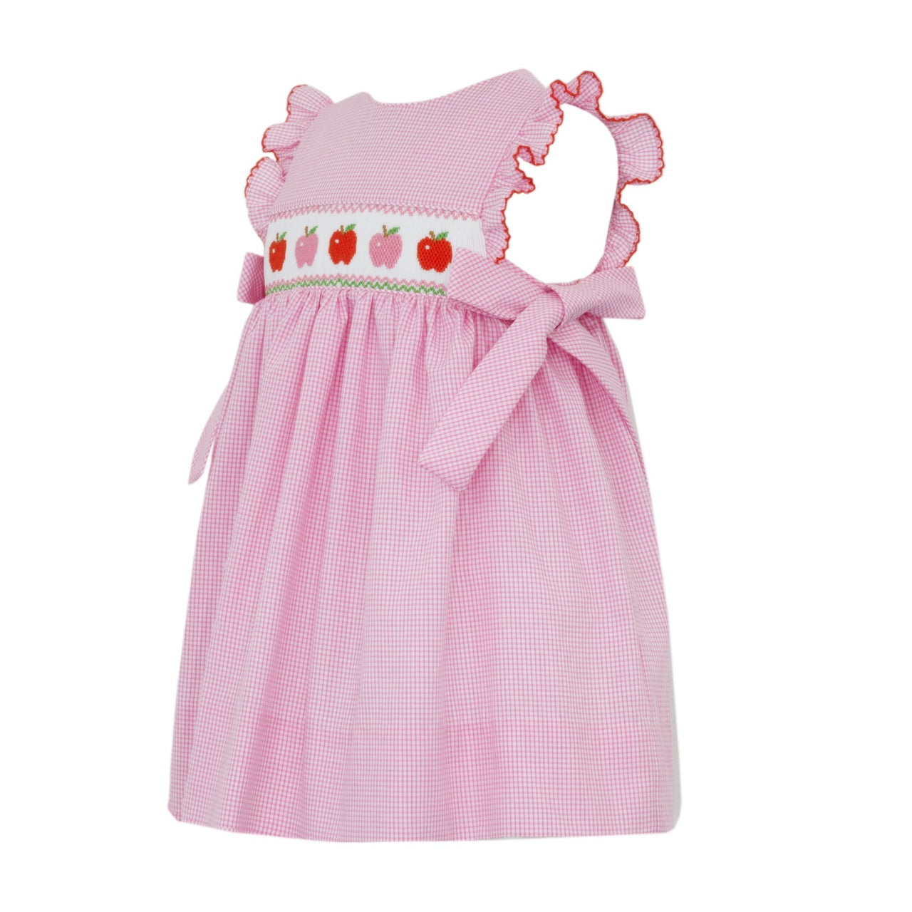 Petit Bebe Pink & Red Apples Pink Gingham Sleeveless Dress W/Side Bows 117D-MF25 5206