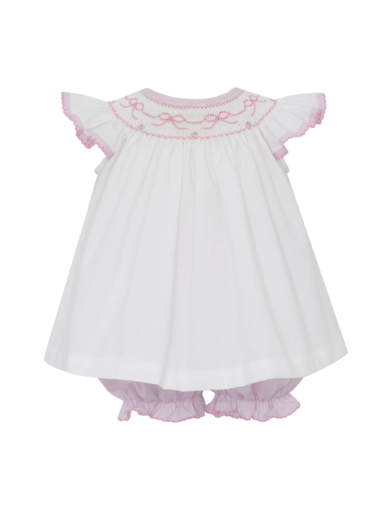 Petit Bebe Pink Bows Pink Tiny Stripe Angel Wing Bishop Bloomer set W/White Poplin Blouse 118C-MS26 5302