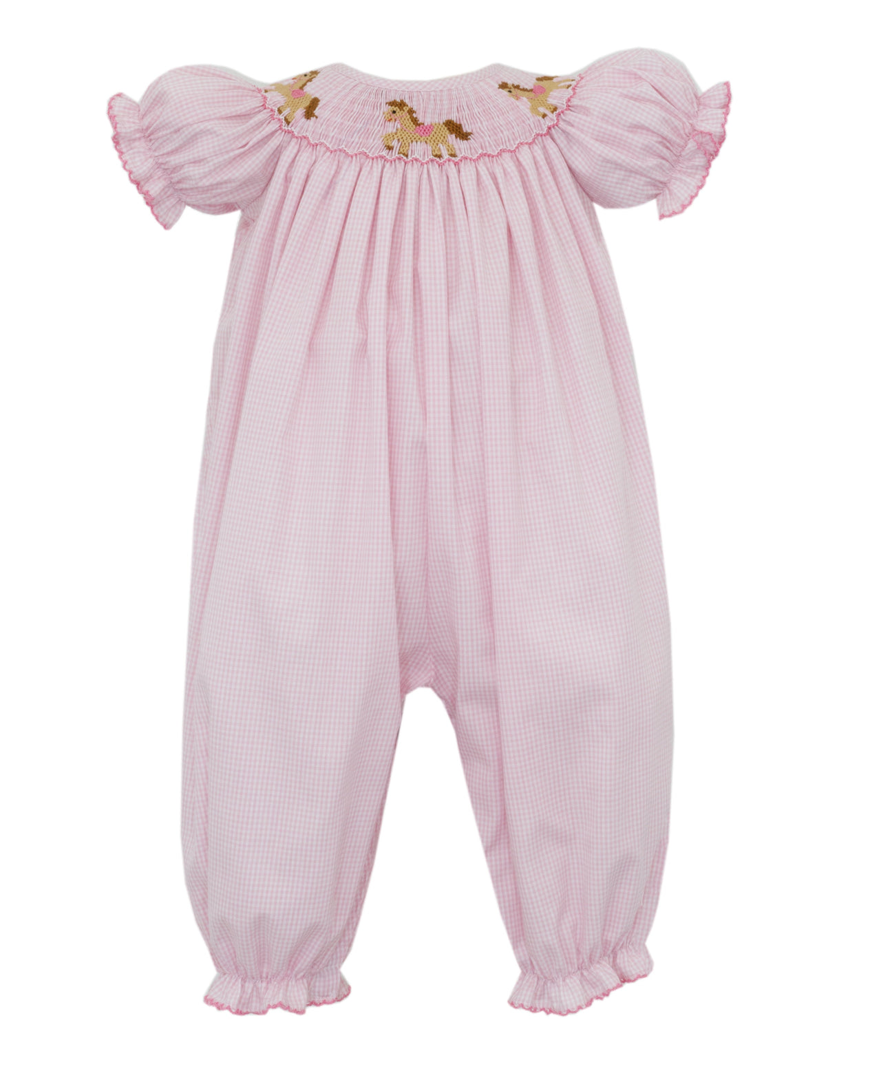 Petit Bebe Horses Girl's Pink Gingham Long Bishop Bubble S/S  119F-MF25 5207