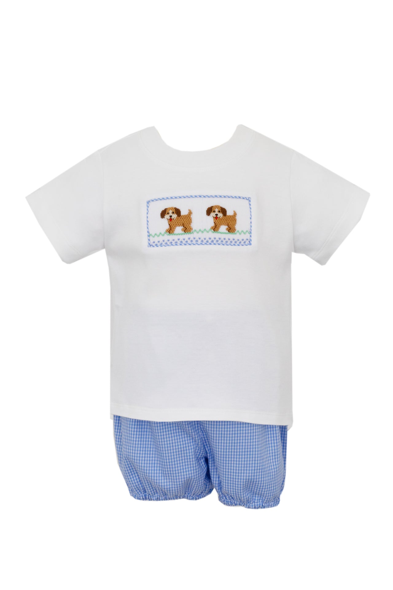 Petit Bebe Puppies Boy's Blue Gingham Boy's Diaper Set W/White T-Shirt 119M-MF24 5108