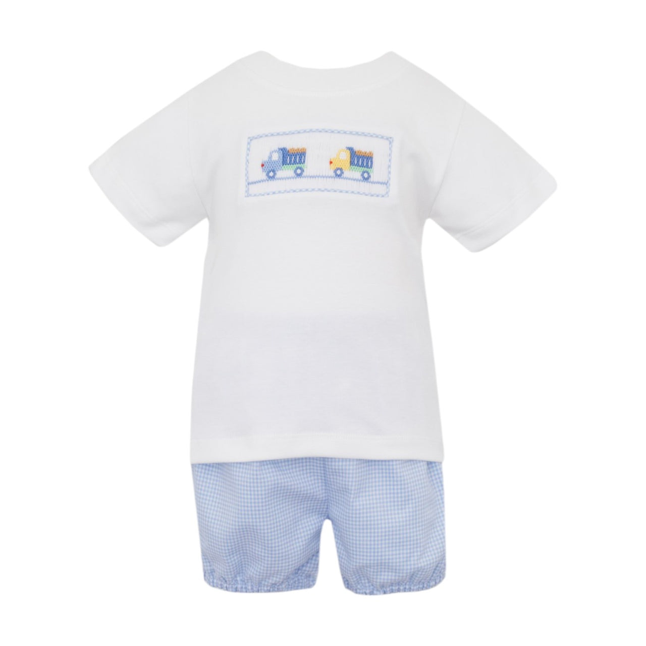 Petit Bebe Dump Trucks Boy's White T-Shirt W/Lt Blue Gingham Bloomer Set 122M-MS25 5201