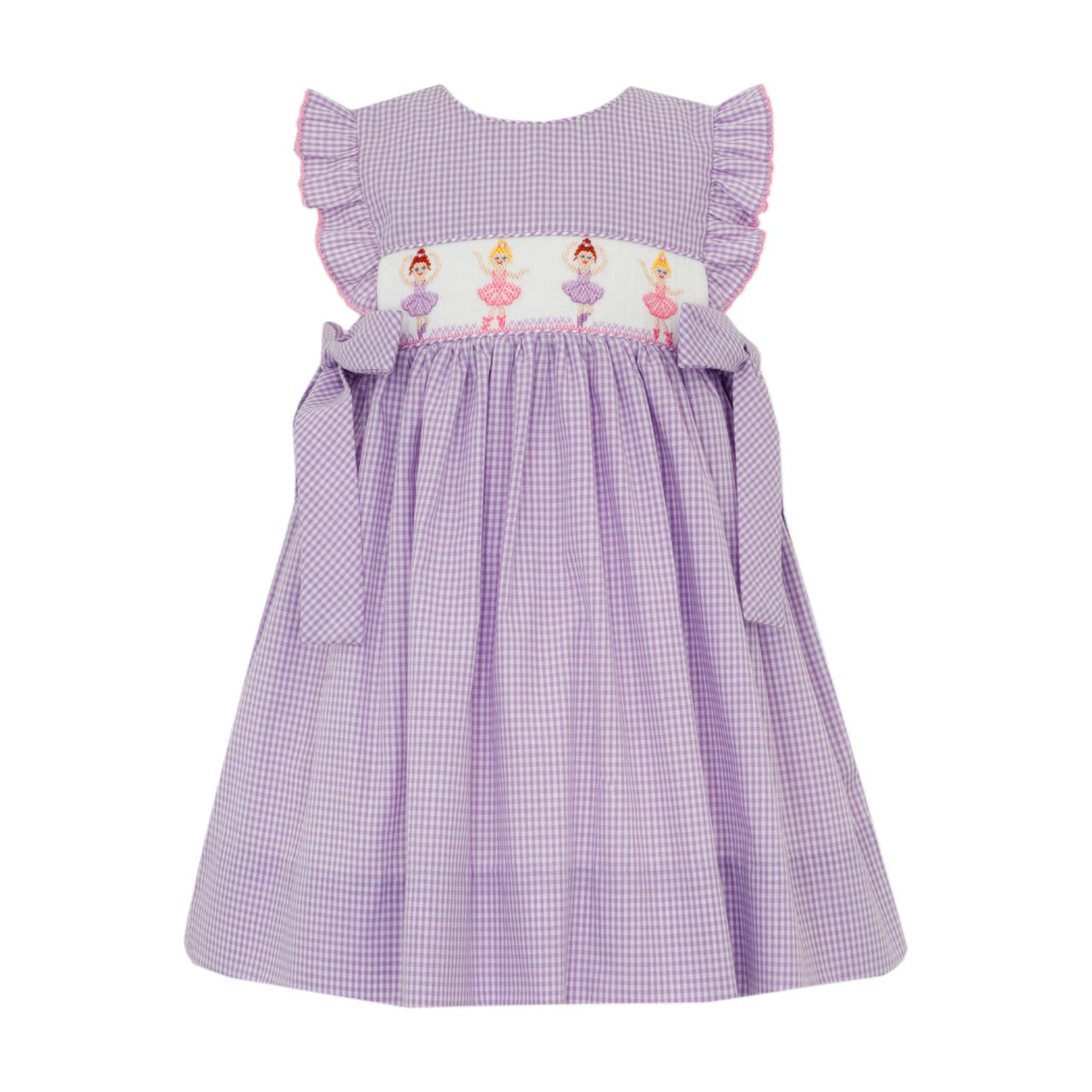 Petit Bebe Ballerinas Lilac Gingham Ruffle Sleeves Dress W/Side Bows 123D-MS26 5302