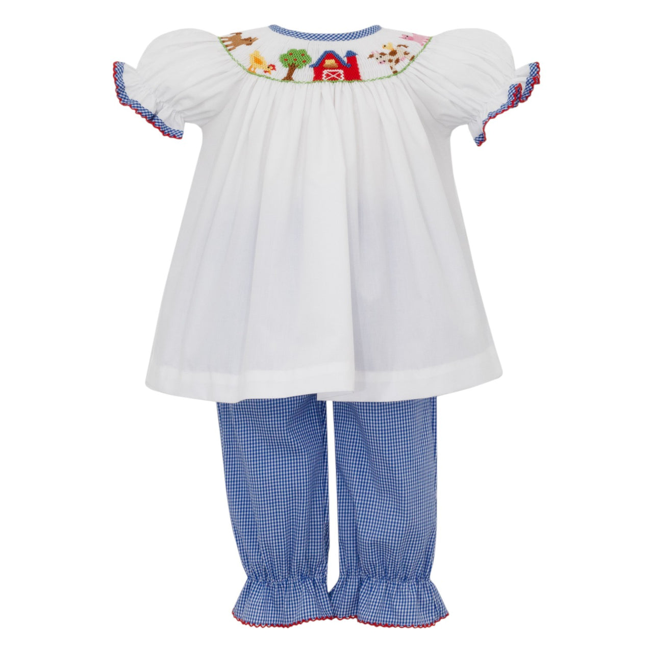 Petit Bebe Farm Girl's Royal Blue Gingham Pant set W/White Bishop Blouse Top S/S  123N-MF25 5206