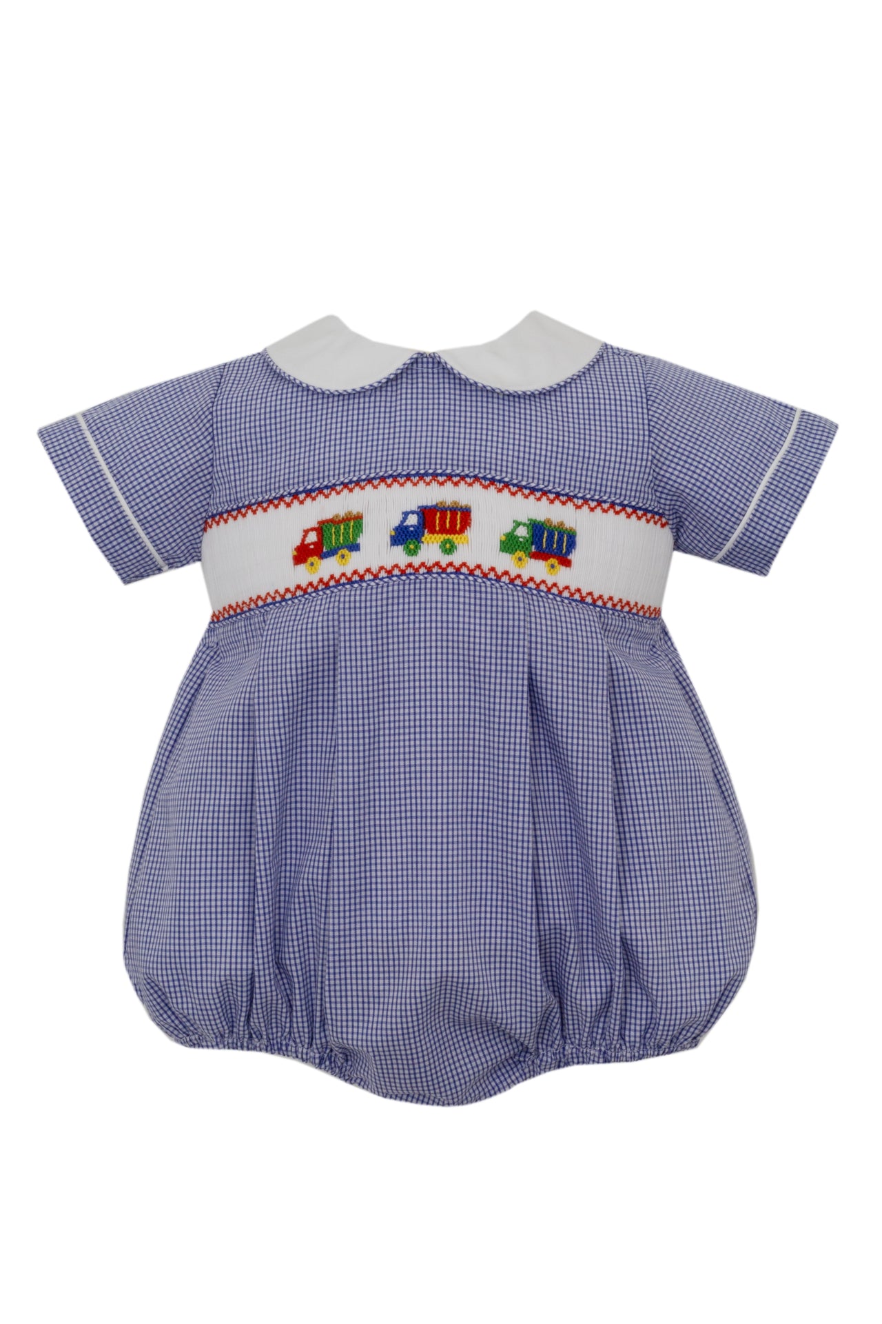 Petit Bebe Dump Trucks Navy Blue Check Boy's Bubble S/S 124BB-MF24 5106