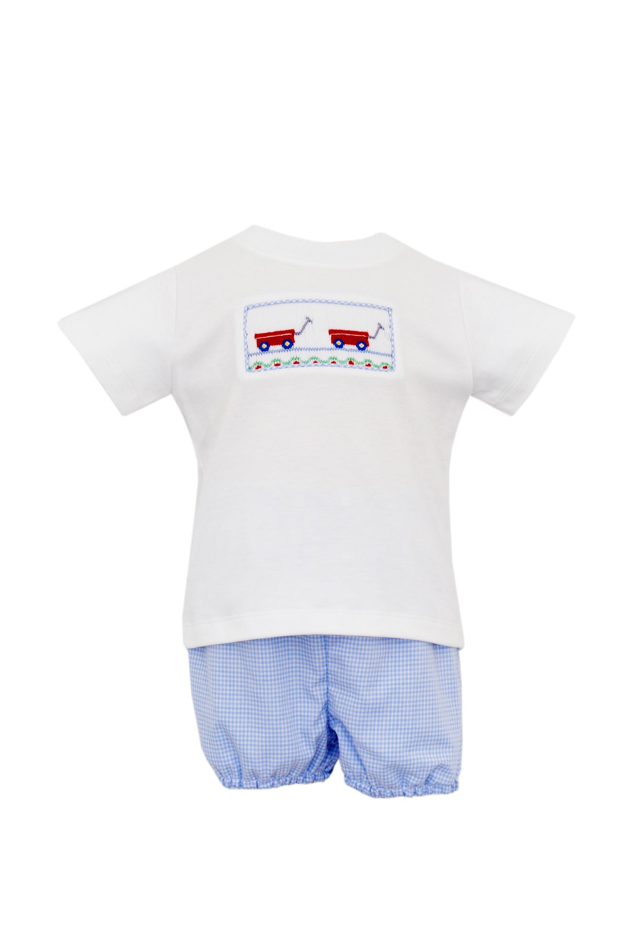 Petit Bebe Red Wagon Boy's White T-Shirt Bloomer Set Blue Gingham 132M-MS24 510