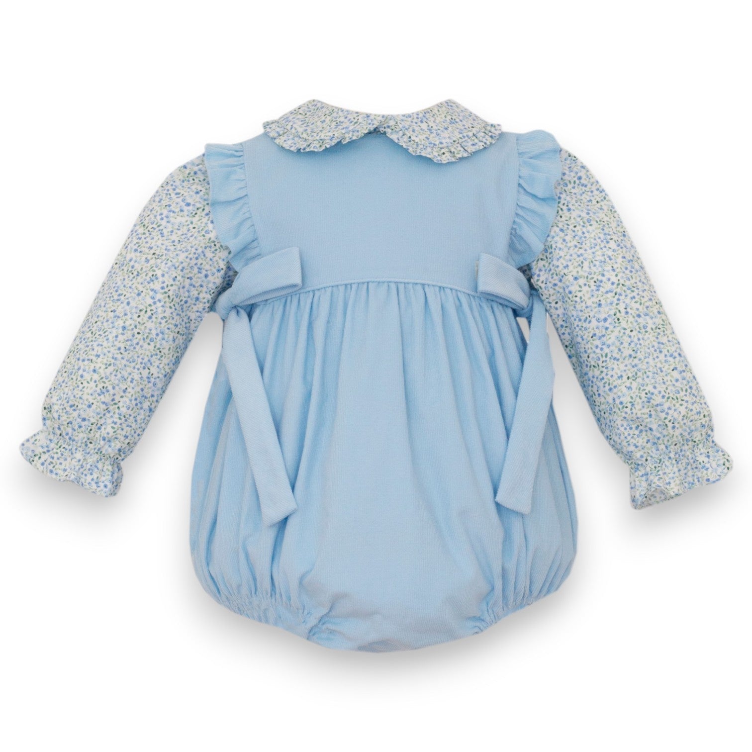 Petit Bebe Lt Blue Corduroy Girl's Short Bubble W/Blue Floral Print Blouse L/S 173F-MF26 5307