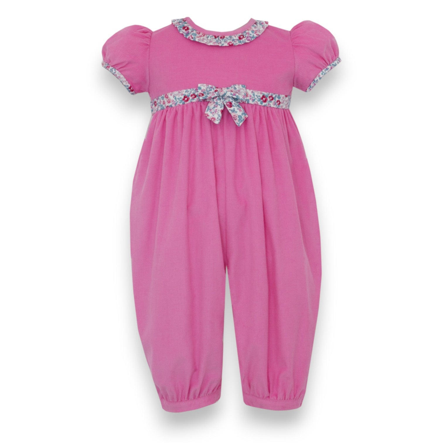 Petit Bebe Pink Corduroy Girl's Long Romper W/Pink Floral Ruffles S/S 174F23-MF26 5307