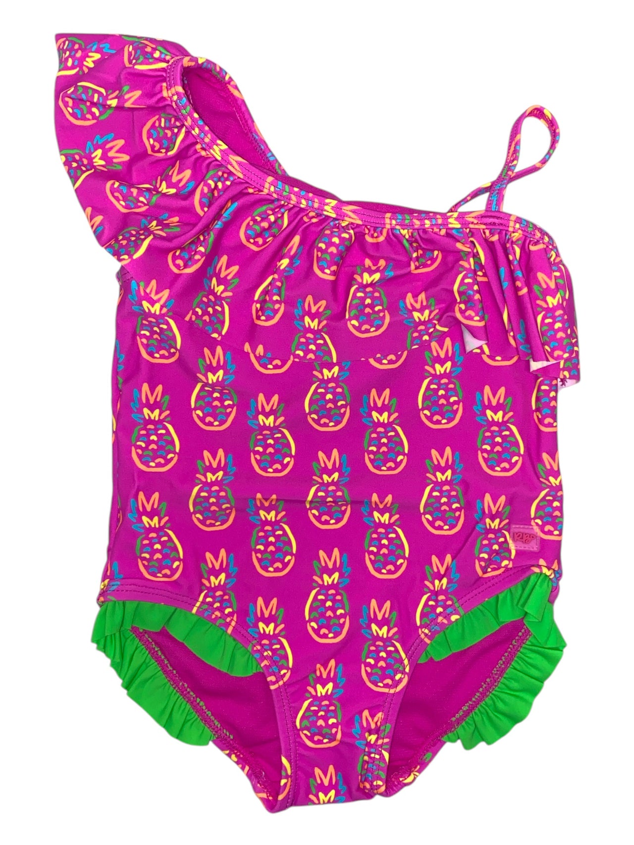 RuffleButts One Shoulder Ruffle One Piece Neon Violet Pineapples 1SW0354 5112