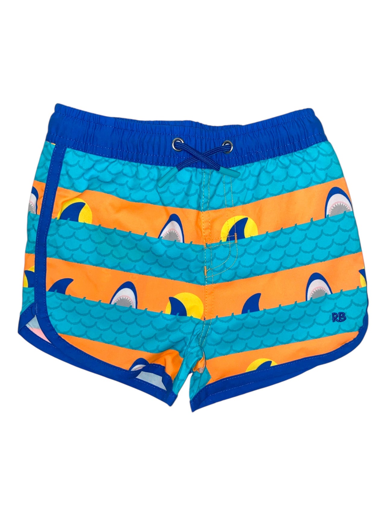 RuffleButts Dolphin Hem Swim Trunks Neon Sharks & Stripes 2SW0374 5112