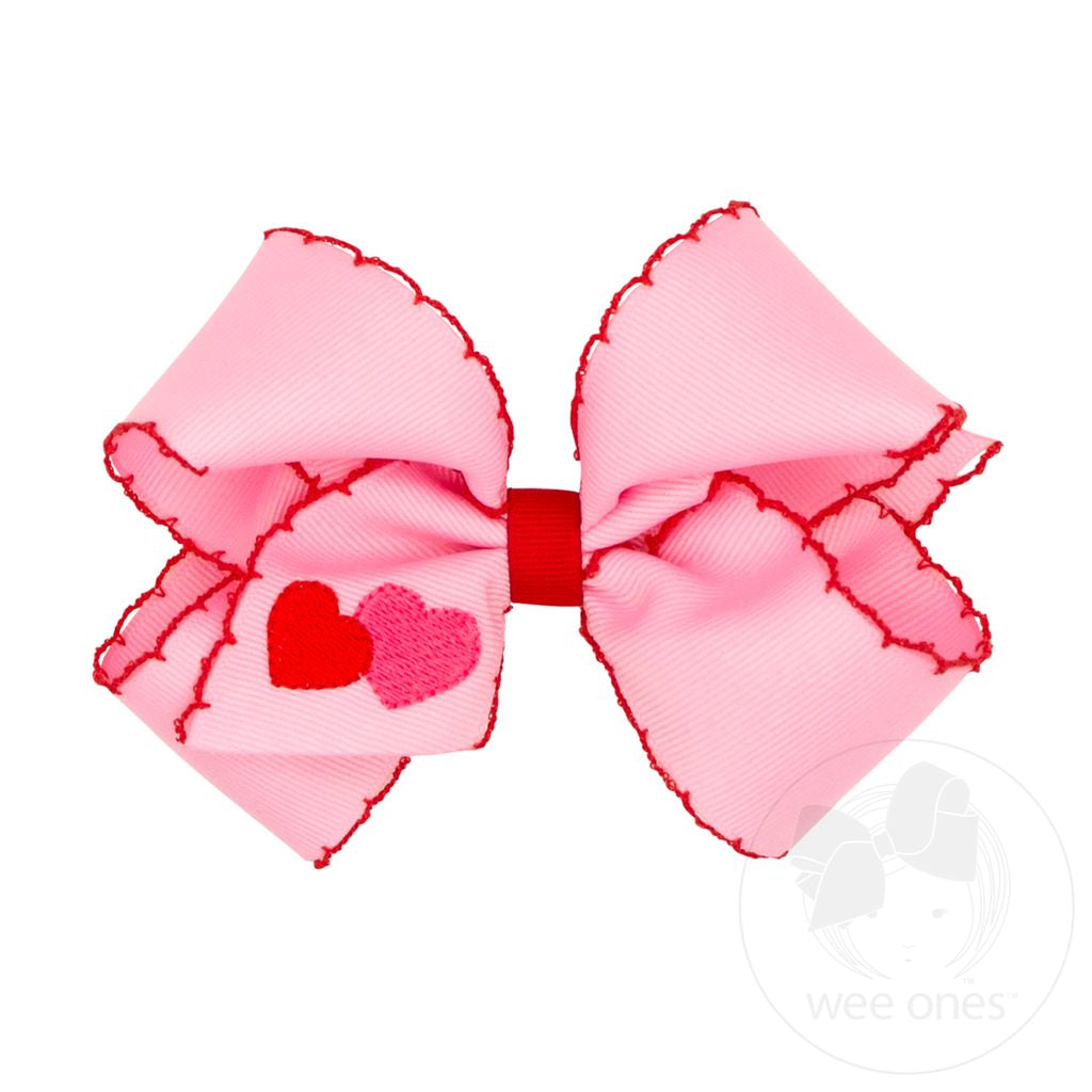 Wee Ones Valentine Grosgrain Bow w/ Heart Embroidered & Moonstitch Edge