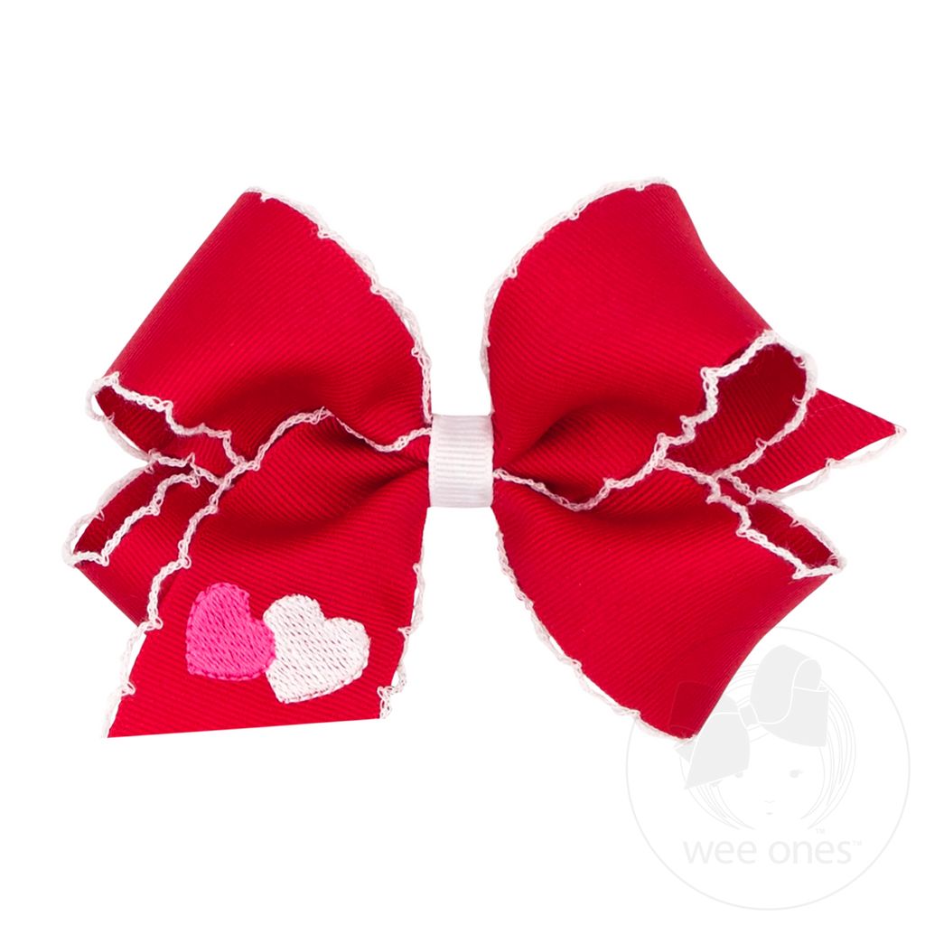 Wee Ones Valentine Grosgrain Bow w/ Heart Embroidered & Moonstitch Edge