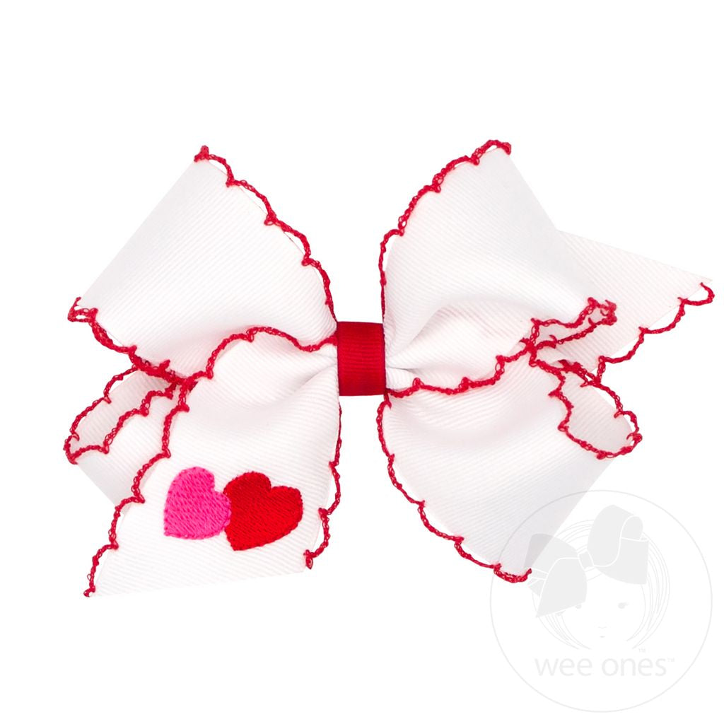 Wee Ones Valentine Grosgrain Bow w/ Heart Embroidered & Moonstitch Edge