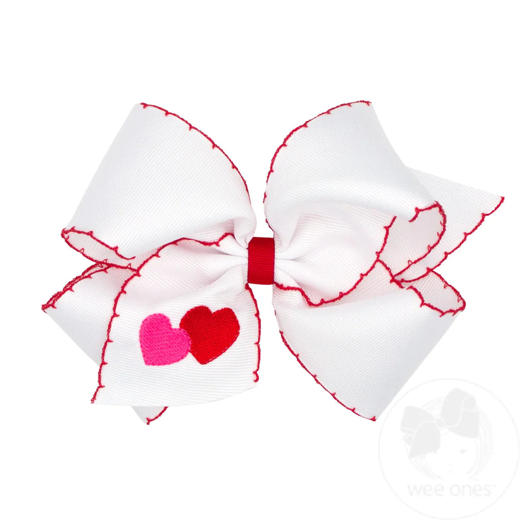 Wee Ones Valentine Grosgrain Bow w/ Heart Embroidered & Moonstitch Edge