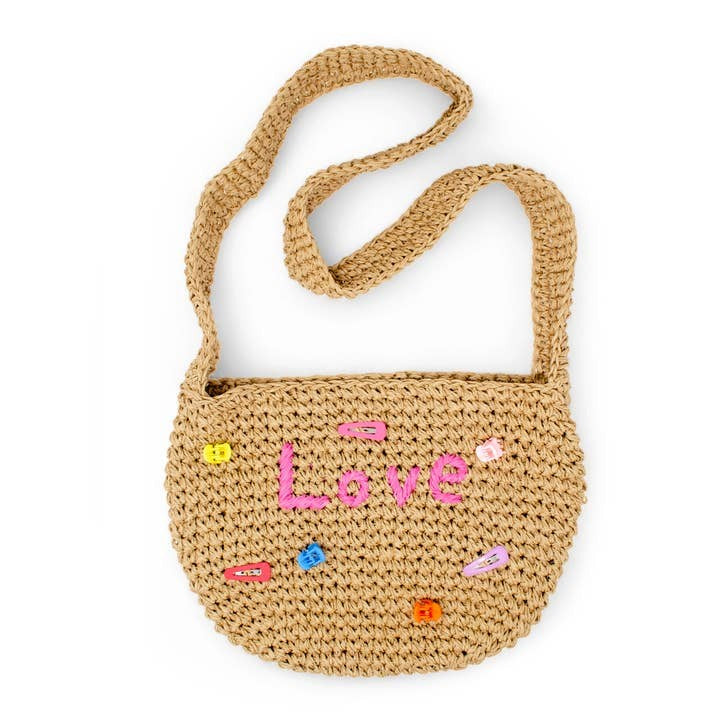 Tiny Treats Crossbody Woven Straw Message "Love" Charm Tote