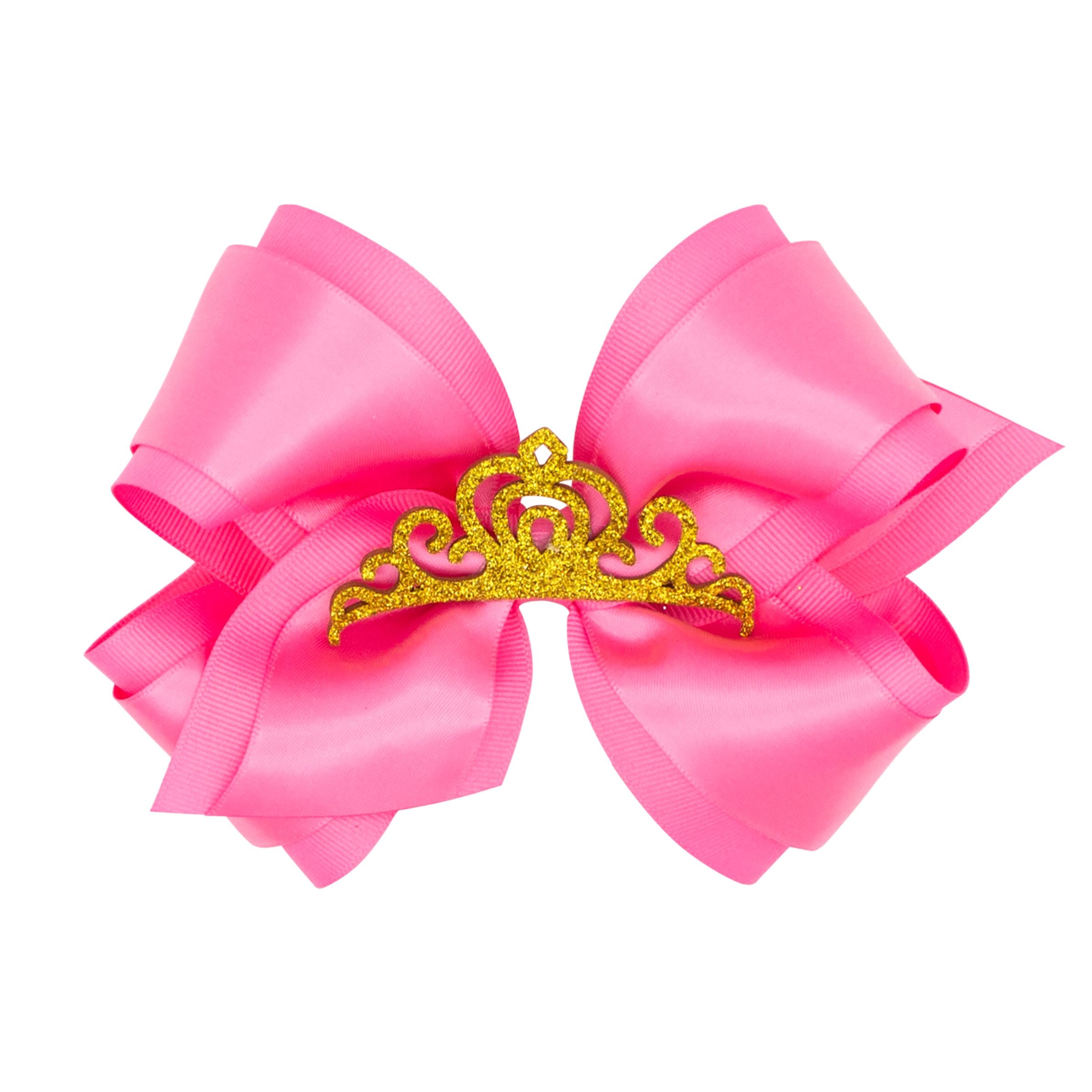 Wee Ones Medium Princess Grosgrain Hair Bow w/ Satin Overlay & Glitter Crown