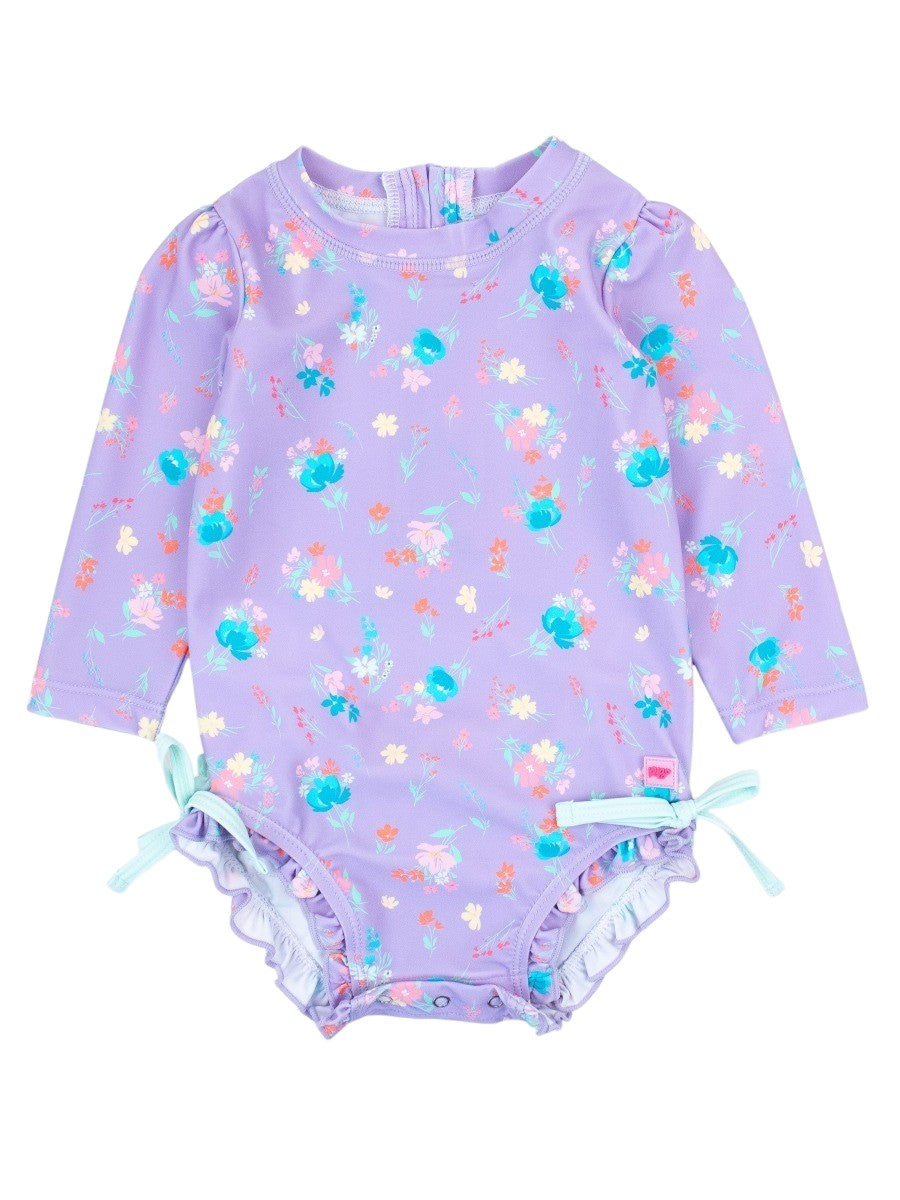 RuffleButts Long Sleeve One Piece Rash Guard Purple Garden  1SW0337 5201