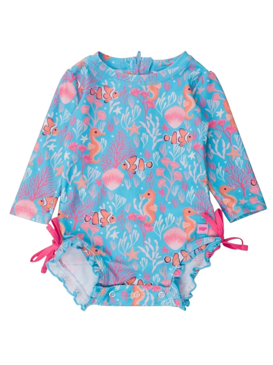 RuffleButts Ocean Tides Long Sleeve One Piece Rash Guard 5202