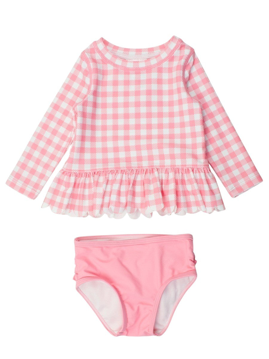 RuffleButts Scalloped Long Sleeve Rash Guard 2-Piece Bubblegum Gingham 5201