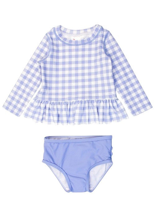 RuffleButts Scalloped Long Sleeve Rash Guard 2-Piece Periwinkle Blue Gingham 1SW0383 5201