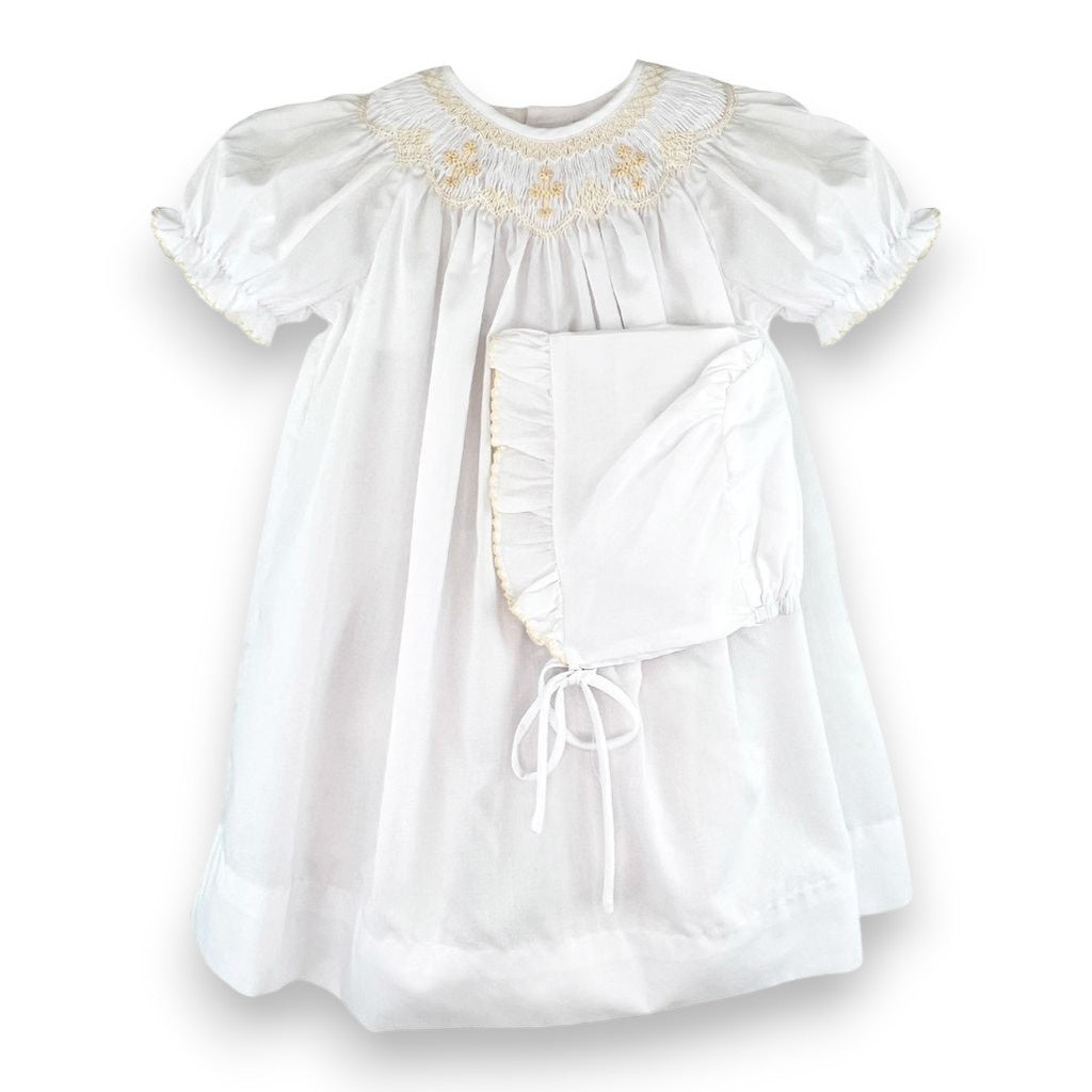 Petit Ami White Dress/Bloomer/Bonnet Bullion  Rose Cross Embroidery 2005 5309