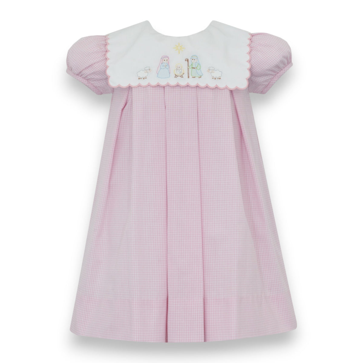 Anavini Nativity Pink Gingham Dress W/Square Pink Scalloped Collar S/S 203D-BH26 5310
