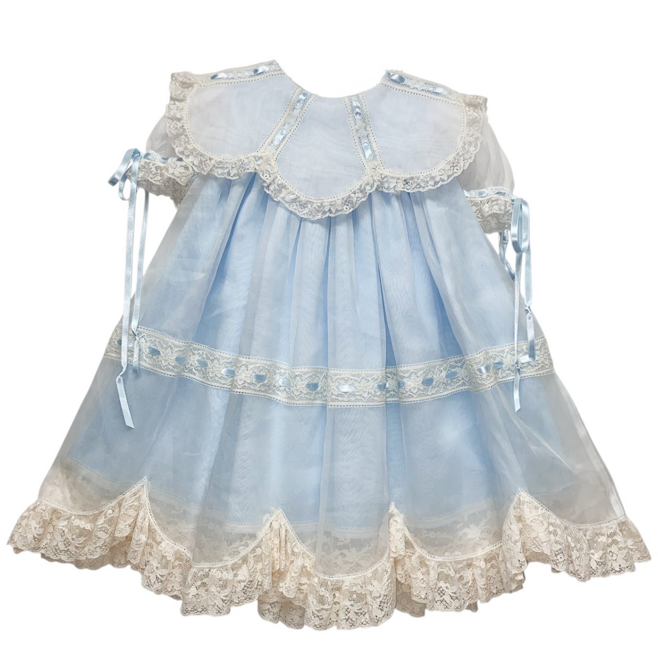 Treasured Memories White Organdy Overlay Dress W/ Blue Underdress W/Blue Ribbons & Ecru lace & insertion S2848