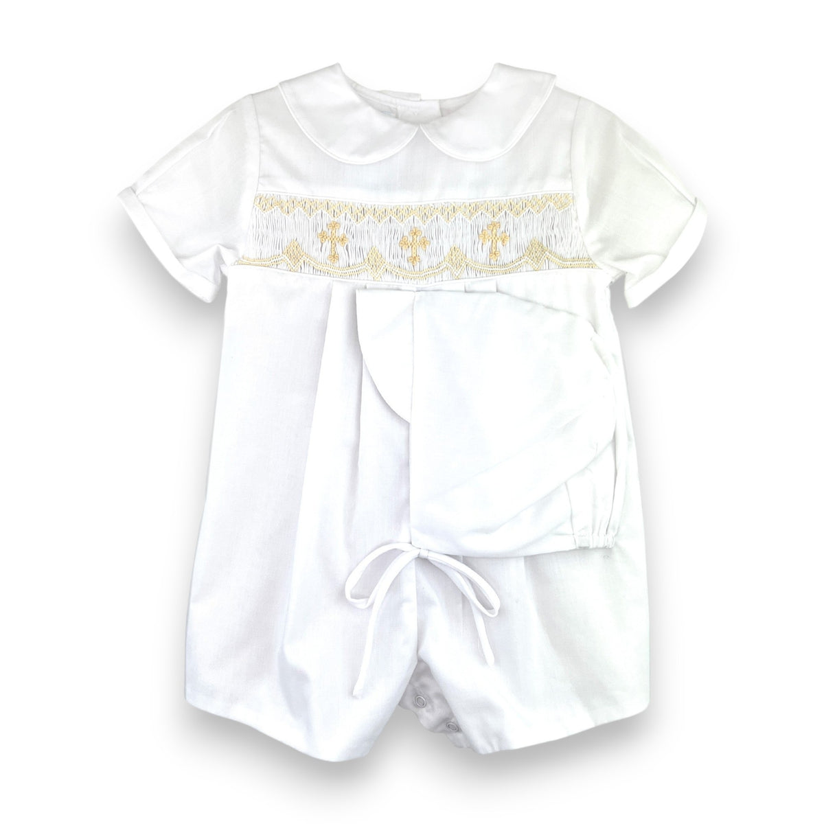 Petit Ami White Boy Romper W/Bullion Knot Cross Embroidery & Hat 2505/3505 5309