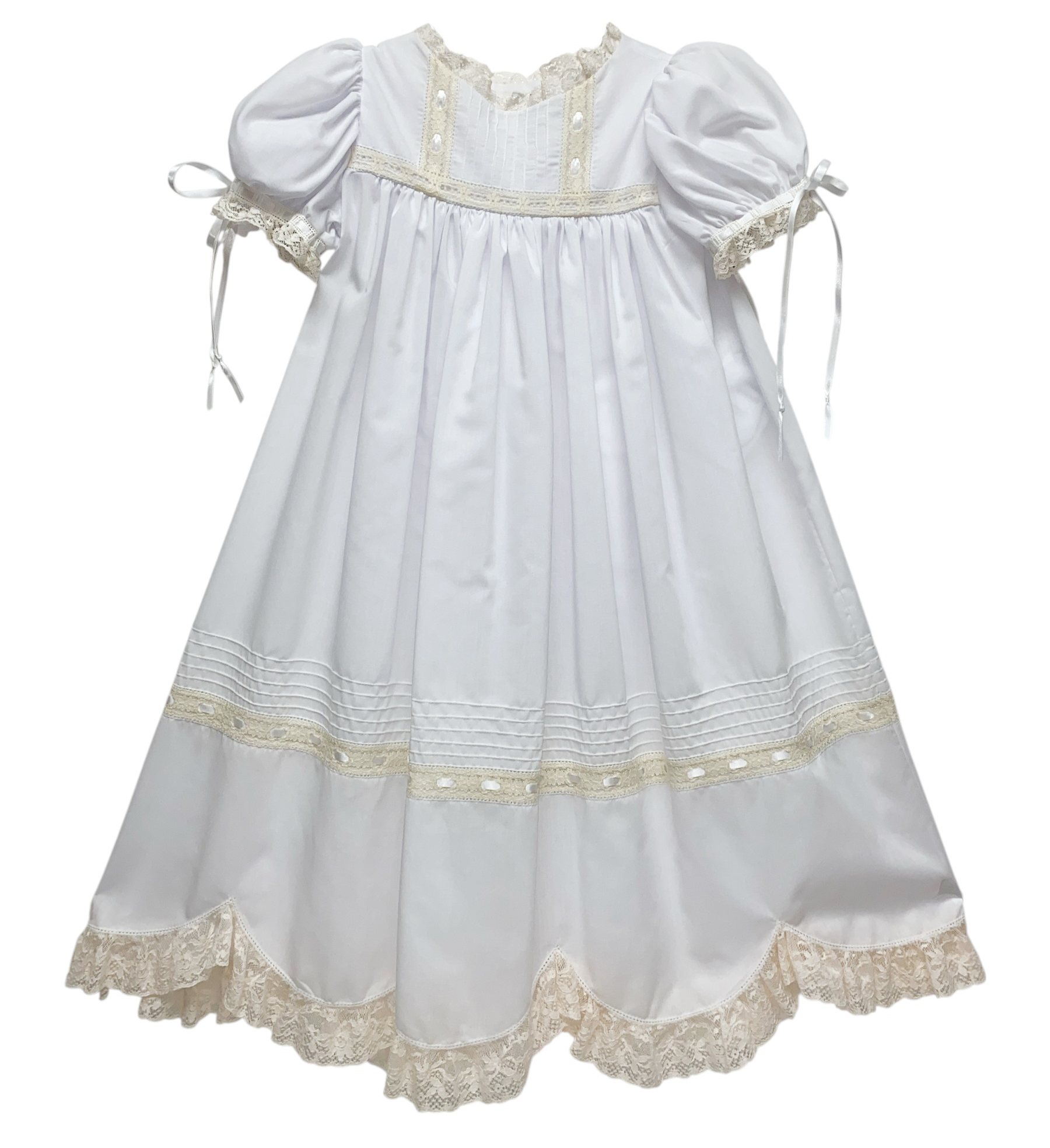 Treasured Memories White Dress W/Ecru Lace & Ribbon Scalloped Lace Hem S501 5101