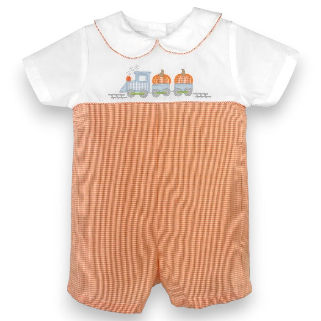 Petit Ami Orange Gingham Pumpkin Romper W/Train Emb 2825/3825 5307