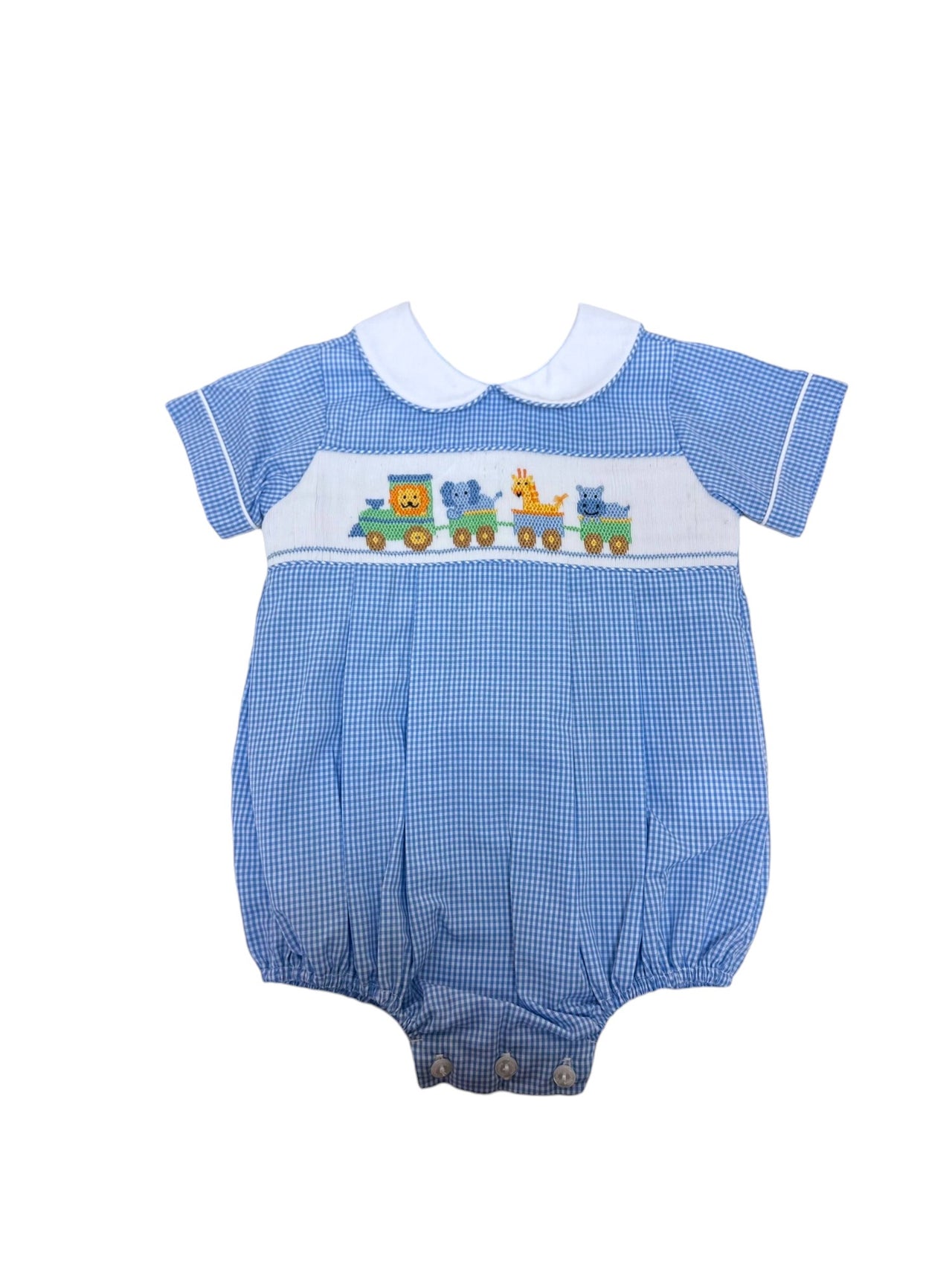 Anavini Animal Train Lt Blue Gingham Boy's Bubble S/S 504BB-VF24 5109