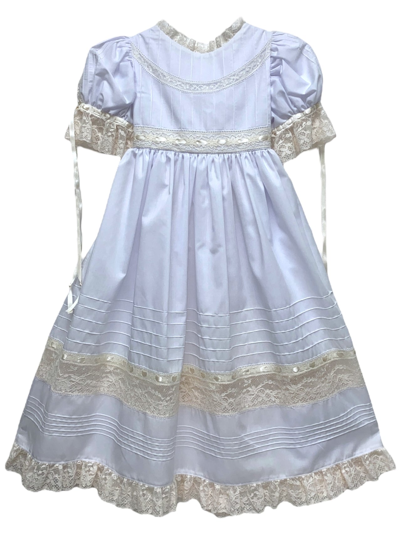 Treasured Memories Dress W/Ecru Lace & Ribbon, Lace Insertion W/Lace Belt at Waist W/Ribbon Tie Tucks W/Lace Hem 5607 5112