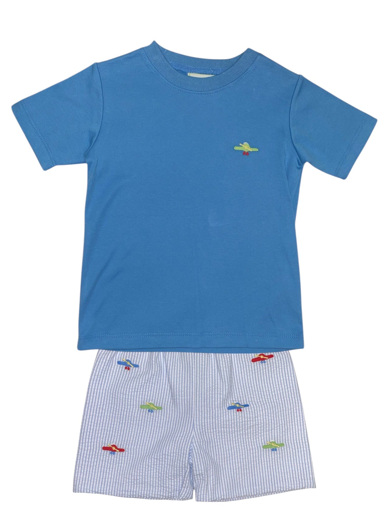 Zuccini Airplane Harry's Play tee Periwinkle Knit  & Light Blue Seersucker Stripe Short 5201