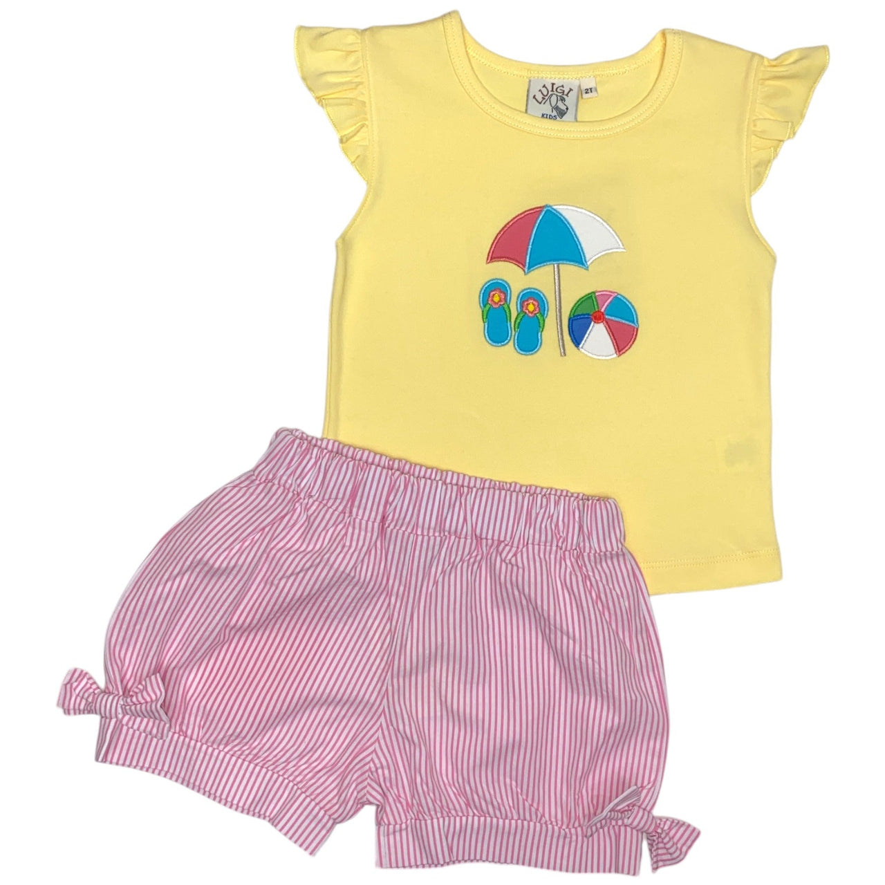 Luigi Girl Flutter Sleeved Top W/Umbrella & Beach Ball Butter Yellow & Lt Bubblegum/White Seersucker Stripe Shorts 5201