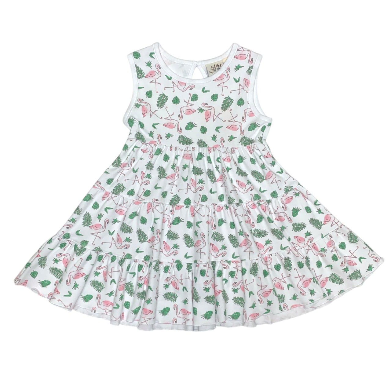 Luigi Pink Flamingo Print Sleeveless 3 Tier Dress White 5201